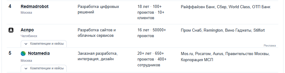 Пример рекламной строки в рейтинге